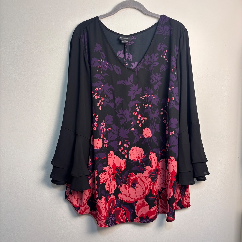Liz Claiborne 2X Floral Tunic Blouse Bell Sleeve Black Purple Pink Boho Plus - Picture 2 of 8